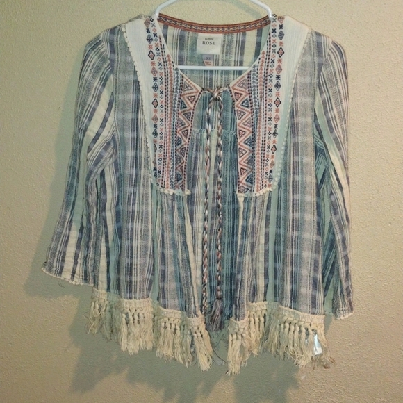 Knox Rose XS Bohemian Embroidered with Fringe Hemn Open Front Top - Picture 1 of 6